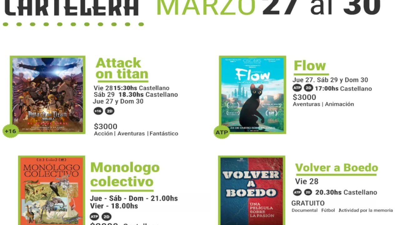 Cartelera del 27 al 30 de Marzo con películas de animación, documentales y más